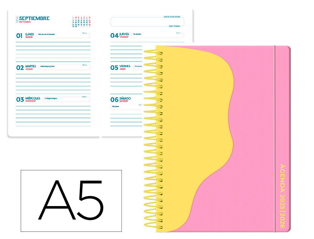 AGENDA ESCOLAR LIDERPAPEL 25-26 ESPIRAL WAVES ROSA SEMANA VISTA A5 BILINGE PAPEL FSC 80 GR
